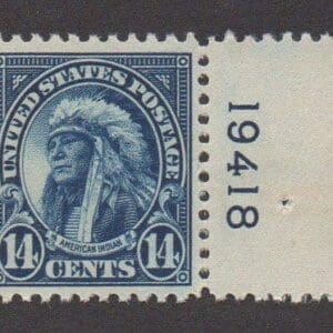 Scott# 565 "AMERICAN INDIAN" MPLH PLATE # SINGLE, NICELY CENTERED