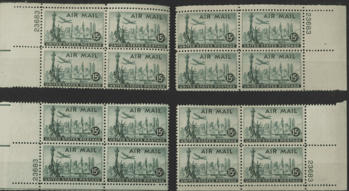 Scott# C35 "STATUE of LIBERTY" MNH MATCHED SET of PLATE BLOCKS (4) P# 23685